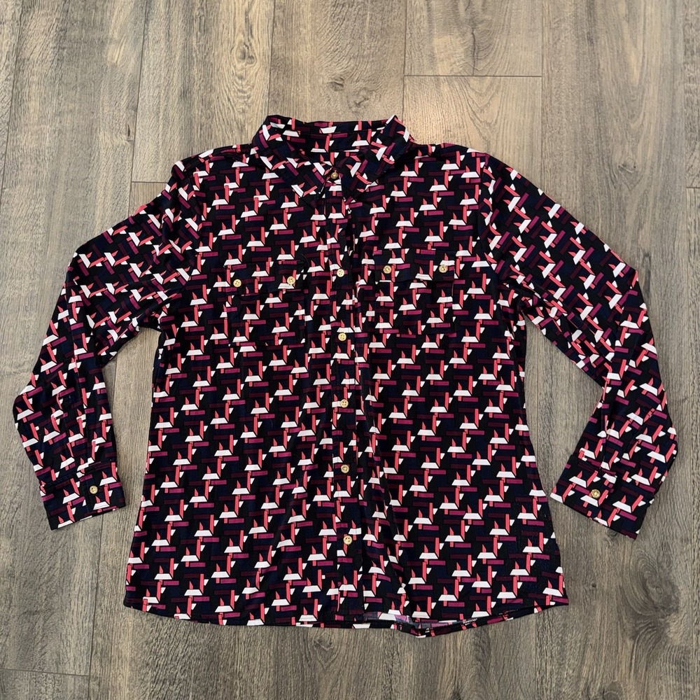 Adrienne Vittadini Women's L Blouse Button Down Geometric Collared Office Party